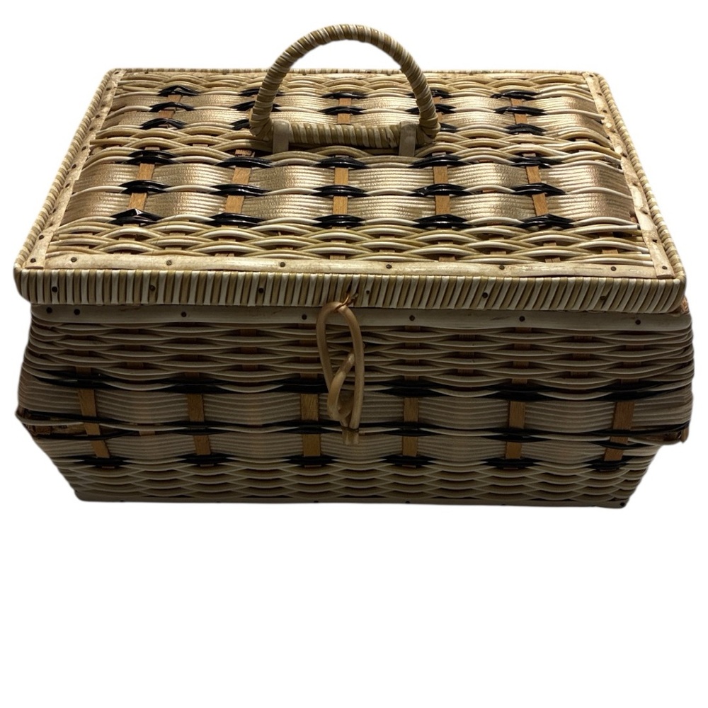 Woven Wicker Sewing Basket W/ Pink Satin Padded Interior Basket with Handle